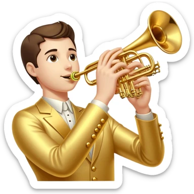 Cinematic Realistic Trumpet, polished brass with warm golden reflections, intricate valve details subtly highlighted, soft hands pressing the keys, glowing with bold and triumphant musical energy. sticker