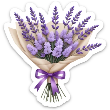 A delicate hand-tied lavender bouquet, featuring wisps of pale lilac and deep amethyst sprigs, is wrapped in parchment paper secured with a dusty plum ribbon. The gentle contrast of fresh and dried stems creates a soft, ethereal look, while the faint scent of lavender lingers like a nostalgic embrace from a bygone era.
 sticker