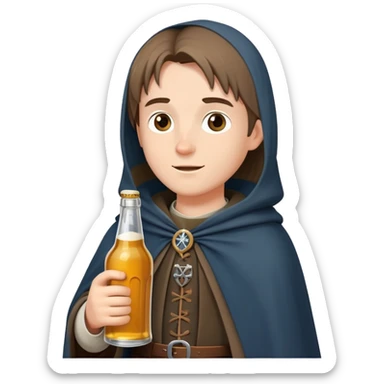 young medieval pilgrim with cloak and beer bottle sticker
