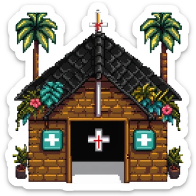 Thai hospital with traditional ornate roof, medical symbol, tropical plants sticker