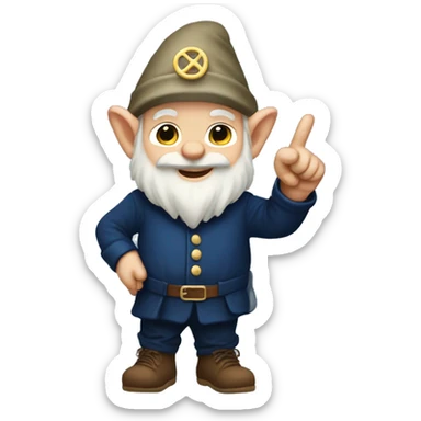 Gnome wearing navy blue holding up his hand with his pinky and index finger extended sticker