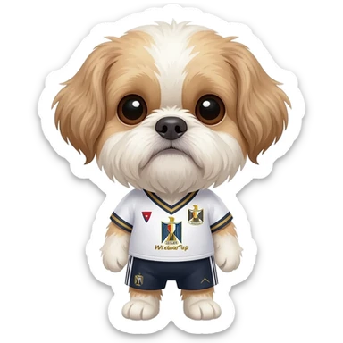 white and light brown shih zhu wearing a Egypt soccer jersey v neck 2026 work cup sticker