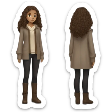 Hermione granger with Brown hair is black wizard clothese and à beige skin sticker