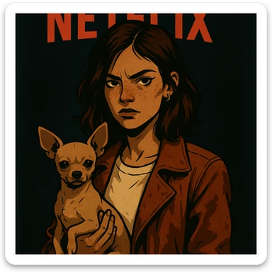 stylized Netflix series, rebellious woman, tanned skin, freckles, shirt color #FFF8CA, rust jacket, medium-length brown auburn hair, holding beige-brown chihuahua, dark background, mysterious atmosphere sticker