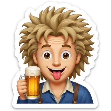 cartoon man with a big smile, crossed eyes, tongue out, wild hair sticking up, beer in hand, looking absolutely bonkers sticker
