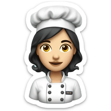 woman with dark hair and a chef hat wearinga chef jacket raising han sticker