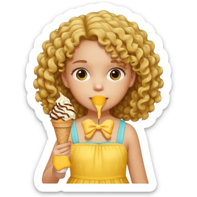 a little girl kid with curly hair, yellow dress, eat ice cream sticker