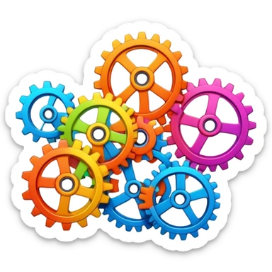 Set of colorful interlocked gears turning together in a system sticker