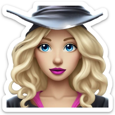 Beautiful blonde blue eyed witch with pink lips wearing witch hat sticker
