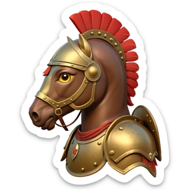 An emoji of a powerful Roman warhorse in full armor, with a feathered helmet. sticker