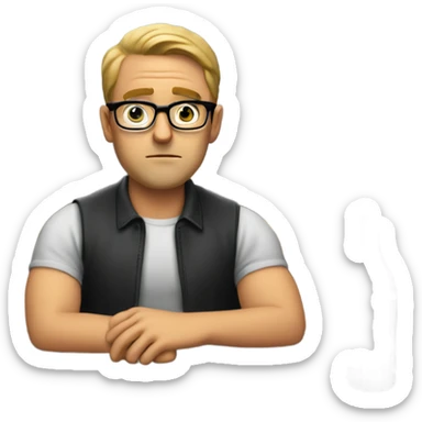 White man with glasses sitting in a bar/restaurant sitting at a high top table staring into the corner of the restaurant with a small tv looking hopeless  sticker