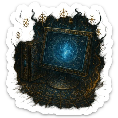 Re-create the Windows 'My Computer' icon as an Elden Ring incantation artwork with a transparent background. The computer should appear as a magical relic with glowing runes, arcane symbols, and magical effects in a mystical, dark fantasy style inspired by Elden Ring incantation and sorcery icons. 1080 x 1080 format. sticker