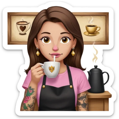 Fille cheveux long châtain, peau beige type européen yeux marron, teeshirt rose avec un tablier noir, piercing au nez anneau doré, boucle d’oreille diamant doré. Elle boit un café Tatouage à la gorge sticker