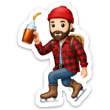 canadian lumberjack wearing red and black flannel shirt and drinking maple syrup and wearing ice skates sticker