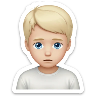 Light blonde,Shy , cute ,young Boy emoji, blue eyes, blushing, looking down, sad, white clothes sticker