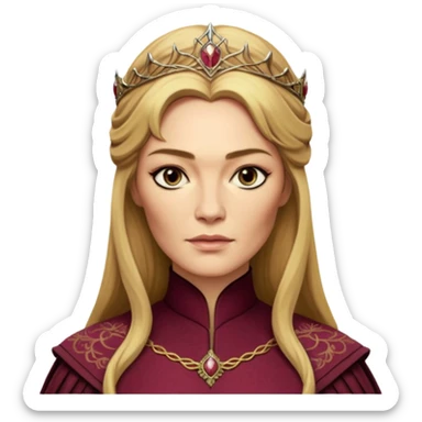 Cinematic Realistic Cersei Lannister Portrait, depicted with lifelike skin texture, subtle rosy undertones, and soft natural lighting that enhances the gentle contours of her face. Her intricately detailed golden blonde hair is elegantly styled , sticker
