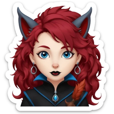  long curly red hair (darker), red pointed ears with black trim, black goth outfits, body and face human, blue eyes, more pointy chin, black lipstick, one big fluffy red squirrel tail with black tips, like the attached photo with more outfits and poses,  sticker