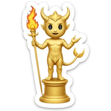 Minimalist emoji-style sticker of a full-body Oscar-like statue, completely gold, with small devil horns on the head and a pointed tail subtly wrapping around the leg. The statue stands on a dark pedestal surrounded by faint fire or smoke.  sticker