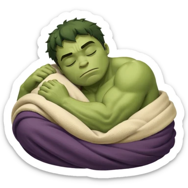 Incredible Hulk eyes closed sleeping lying down curled up in a beige blanket up to his neck sticker