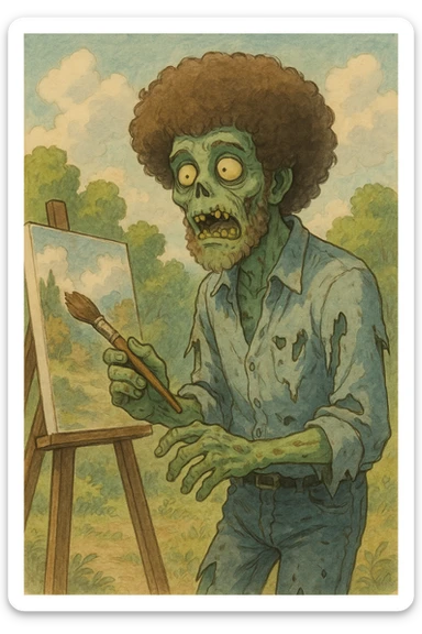 Bob Ross as a zombie, holding a paintbrush, greenish skin, tattered clothes, Ghibli-inspired style sticker