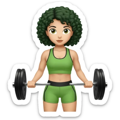 woman with olive skin and curly black hair wearing a green workout outfit (shorts) and lifting weights sticker