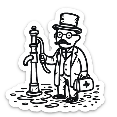 A victorian doctor with a street water pump in a dirty street sticker