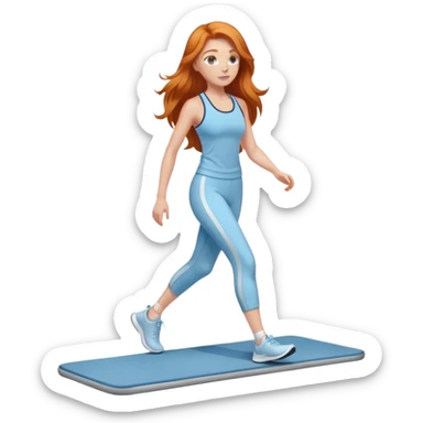 Gorgeous Ginger girl long hair walking on walking pad light blue gym outfit sticker
