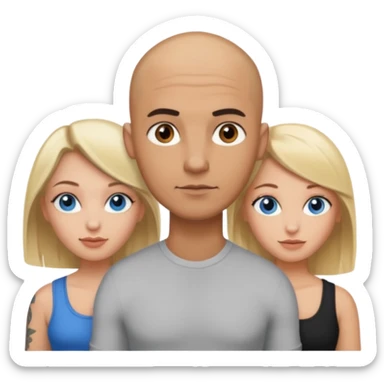 tattooed completely bbald brown eyed male with blonde haired blue eyed big boob female with brunette haired brown eyed big boob female throuple  sticker