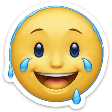 Emoji, yellow round laughing hysterically face, with blue tears of joy on it.  sticker