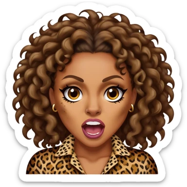 Melanie Brown with brown curls wearing leopard print and snarling￼ sticker