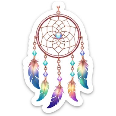 Iridescent pastel rainbow colorful transparent bright light luminescent dream-catcher hanging from an iridescent chain, rose-gold-metal  sticker