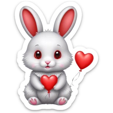 White rabbit with gray ears and red metallic heart-shaped balloons sticker