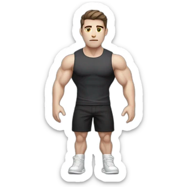 Confused Pale skinned Fit Man With the biceps and dark brown hair in black shirt, gray sports shorts and white Sneakers sticker