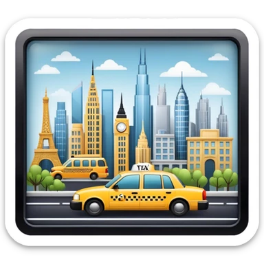 Icon for Urban Tourism: a skyline with iconic city landmarks, like skyscrapers, a subway and a taxi, with travel accessories like a camera and map. The icon should represent the excitement of exploring urban environments. Transparent background. sticker