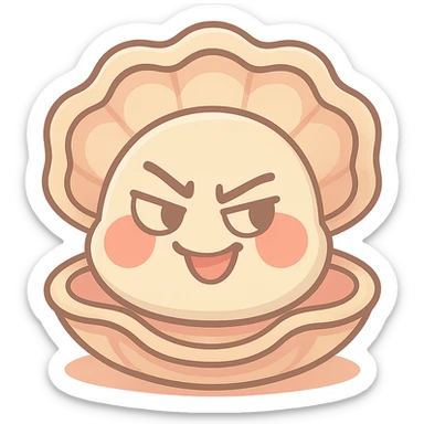 Enhance the cute oyster with more pastel toon details, accentuate the cream, peach and greige effect, add more depth to the shell, soften and brighten the red cheeks, keep the mischievous expression, maintain a transparent background. sticker
