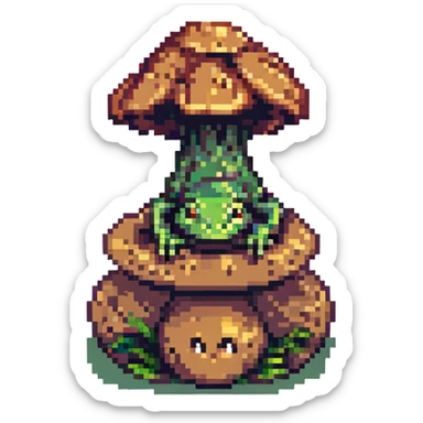 a sad frog in pixel art style, giant mushroom growing out of its back sticker