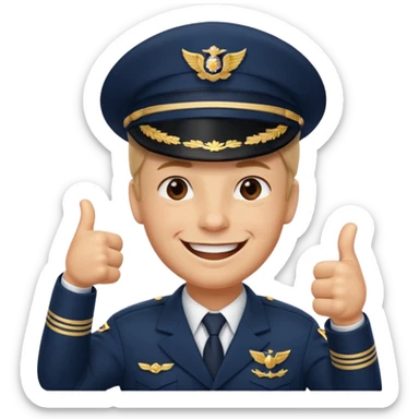 Slack-style emoji of a pilot wearing a slightly tilted navy captain hat, giving a thumbs-up, big cheerful smile, eyes closed or happy squint sticker