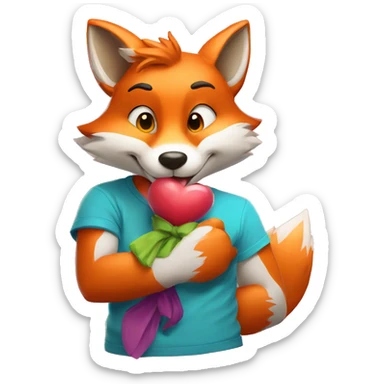 an anthropomorphic fox sending a kiss. The fox is wearing a colorful T-shirt and has a cheerful expression on his face. sticker
