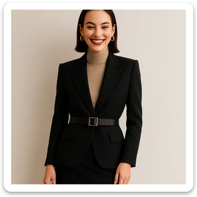 Make the woman smile while keeping her high-fashion look. Maintain thin eyebrows, straight dark hair, big lips, and a shapely figure. Preserve the overall elegance and style of the image. sticker