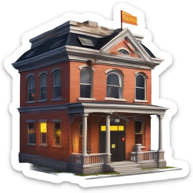 Very old dilapidated Firehouse building shaped like the Ghost Busters Firehouse with solar lights and decorative and detailed interior design with police tape to close it off  sticker