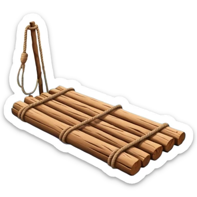 showing a simple wooden raft floating on calm blue water — made of several brown logs tied together with rope — gentle ripples around it — bright, cheerful lighting and soft shadows — minimalist, clean emoji design sticker