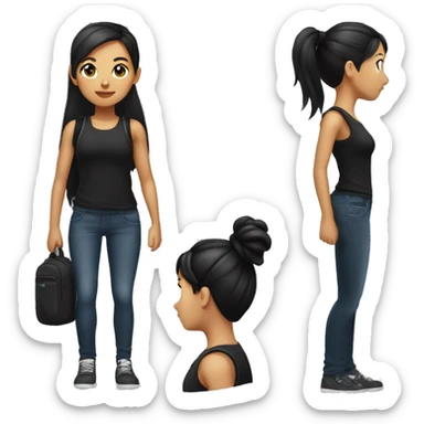 girl with black hair in a ponytail and a black jean and a black sleeveless shirt wearing a backpack sticker