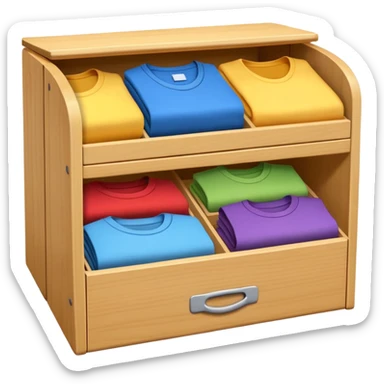 wooden storage box with folded clothes organized in compartments emoji style sticker