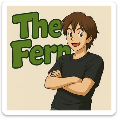 Brunette anime man leaning to the side with arms crossed, standing in front of green bubble letters that say 'The Fern'. He wears a black t-shirt, no jacket, medium-length brown hair, and has an expressive anime face. Maintain a playful, bold vibe in Ghibli style. sticker