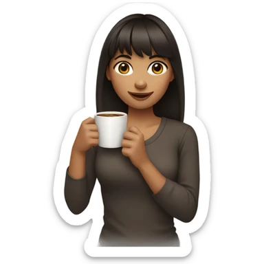 a girl with dark brown hair and bangs holds a cup of coffee in her hands sticker