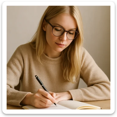 blonde woman wearing glasses, writing in a notebook sticker