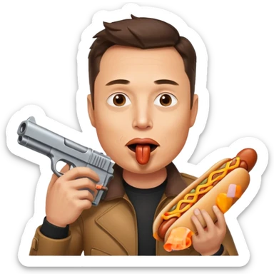 Elon Musk with a hotdog in his mouth with a gun sticker