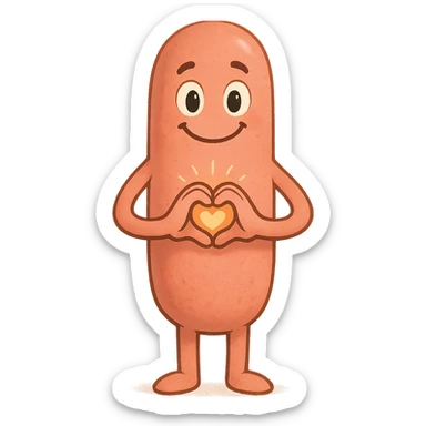 a smiling sausage-shaped humanoid with a pinkish-orange body, simple arms and legs, big eyes, and a happy smile. Its hands form a heart shape in front of its chest, radiating warmth and affection sticker