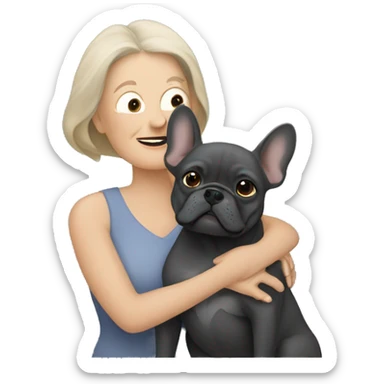 dark blonde older woman hugging dark gray french bulldog sticker