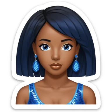 Kelly Rowland with black hair, blue sequin crop top, blue earring sticker